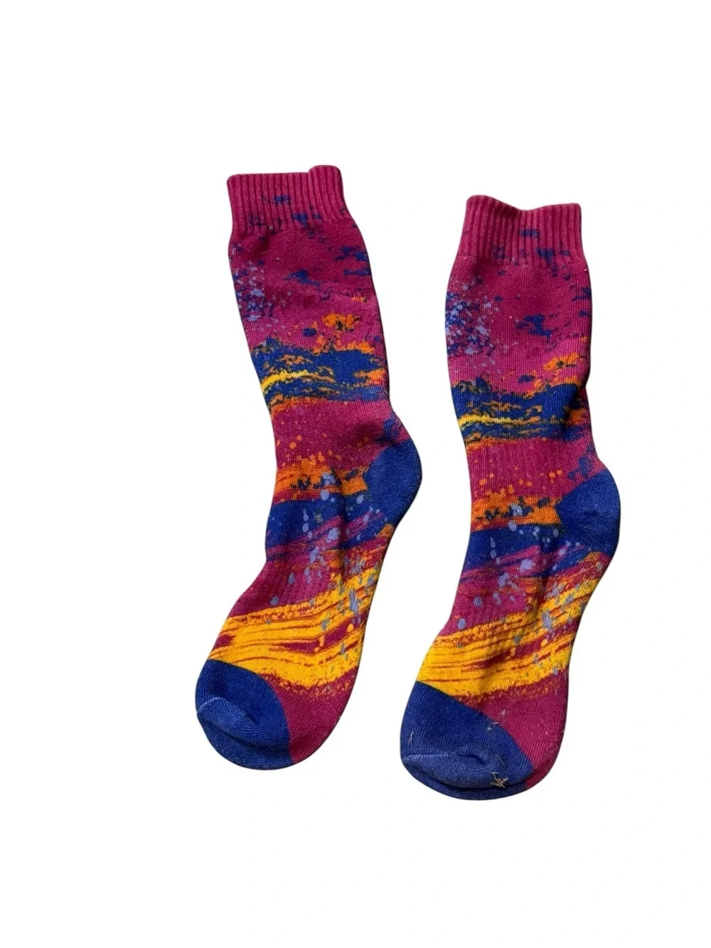 Free People Magenta Crew Socks with Blue & Yellow Wave Pattern M/L Women